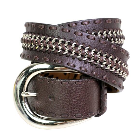 Michael Kors BROWN REAL LEATHER 1 5/8"Wd CHAIN STITCH CASUAL DRESS BELT Sz M B33 - Picture 2 of 14